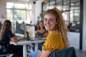 Fototapeta premium Women behind the desk seated at a desk with a smile on her face. An editor or designer at a desk planning an article goal or story angle for publication. A working woman and a portrait with a smile