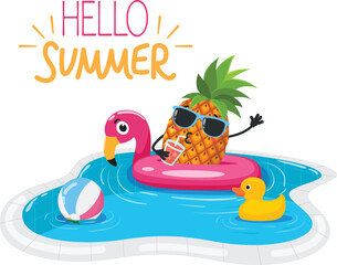 Hello summer background with cute pineapple and watermelon cartoon 