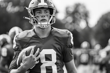 Fototapeta premium Focused young American football player holding a ball in black and white