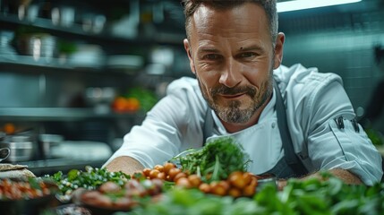 Chef Inspecting His Culinary Creations in a Restaurant Kitchen