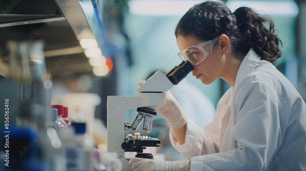 Poster oncology researchers in a laboratory setting using a microscope to closely examine and study cancer 
