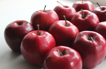 Same Size Washed Red Delicious Apples Laid Out In Rows On White Table Closeup View Stock Photo
