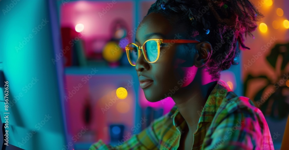 Poster the neon, business and thinking with a woman, the computer and internet with online brainstorming an