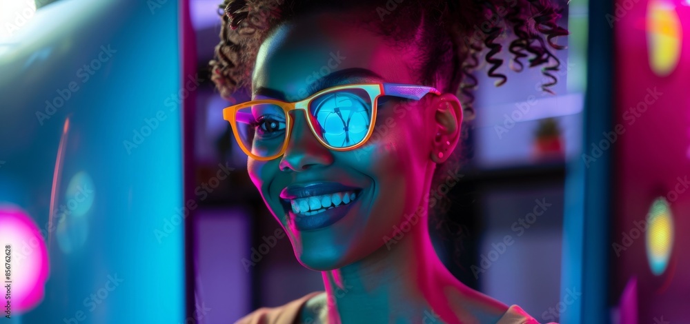 Poster an office woman, night and web design on computer, eyewear and ideas for programming or coding. a wo
