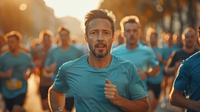 Diverse group of men running together in a charity event to raise awareness and funds for prostate cancer research and support  The image captures the energy
