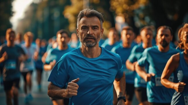 A group of men running together in a charity marathon event to raise awareness and support for prostate cancer prevention and treatment The image depicts a sense of community determination