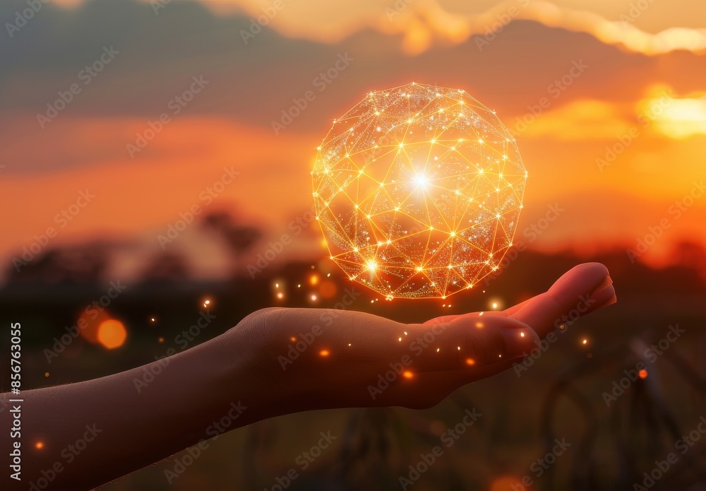 Aufkleber on a natural background, a man holds a global network connection and a customer data connection.