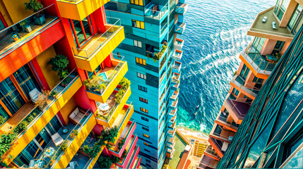 Fototapeta premium Aerial view of multi - colored building next to body of water.
