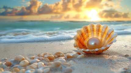 Seashell with a Pearl at Sunrise