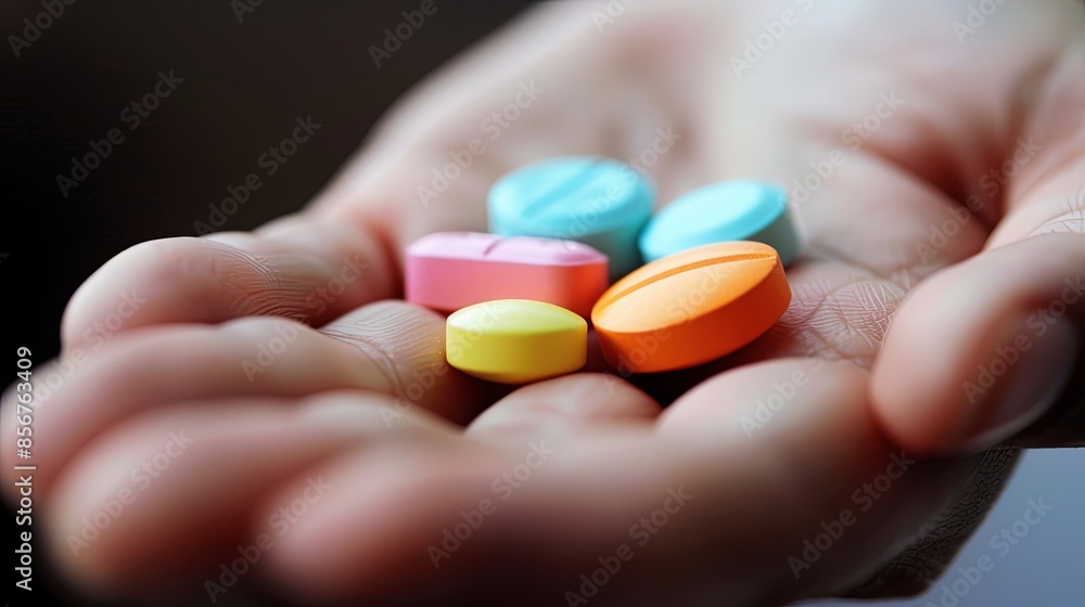 Fototapete A close-up shot of an open palm holding several colorful pills, the background is softly blurred, creating an intimate and caring atmosphere. Generative AI