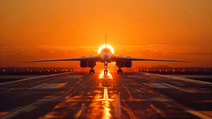 A military jet on a runway splashing at dawn