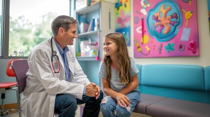 Obraz premium Pediatric Oncologist Examining Young Patient in Cheerful Playful Medical Room Designed to Provide Comfort and Promote Healing