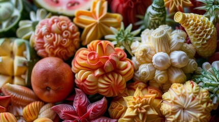 A mesmerizing display of carved tropical fruits showcasing the creativity and artistry of skilled hands.