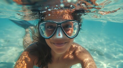 Naklejka premium Smiling Woman Underwater Wearing a Diving Mask