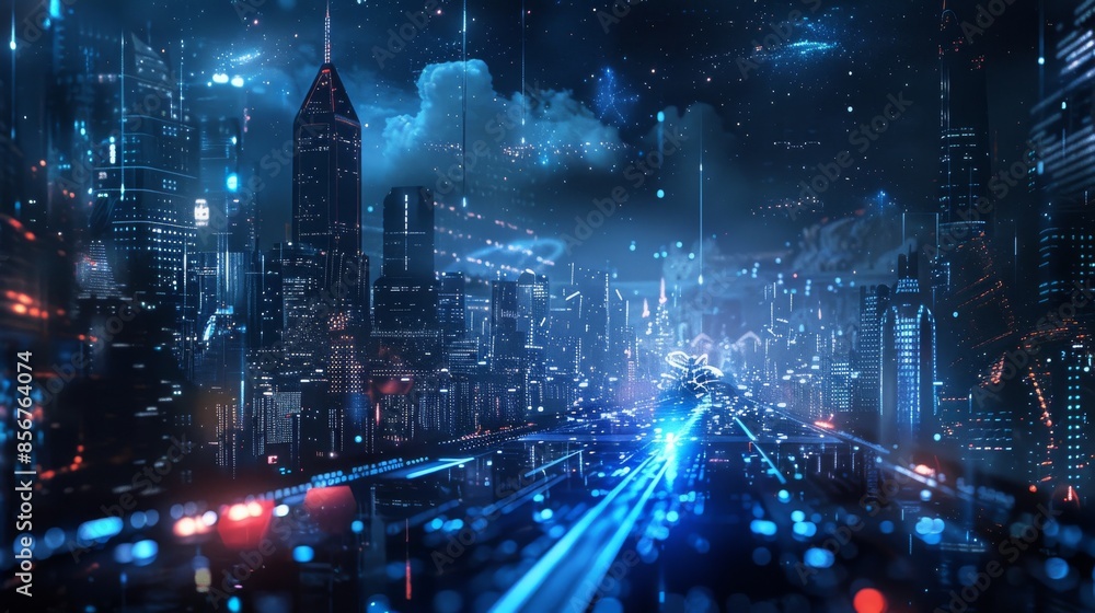 Poster this is a 3d rendering of a mega city on a spherical planet with glowing led lights at night. it is 