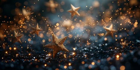 gold stars falling on dark background, glitter glow festive illustration background