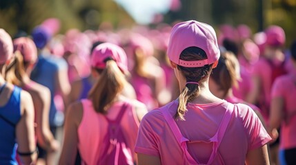 Large group of people participating in a cancer fundraising event such as a charity walk or run coming together to show their support and raise awareness for this important health cause