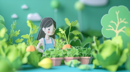 paper craft illustration, woman picking vegetable in her organic farm, sustainable lifestyle, slow life	
