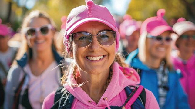 Large group of happy and enthusiastic participants gathered together for a cancer fundraising event such as a charity walk or run showcasing pink ribbons and showing their support for the cause