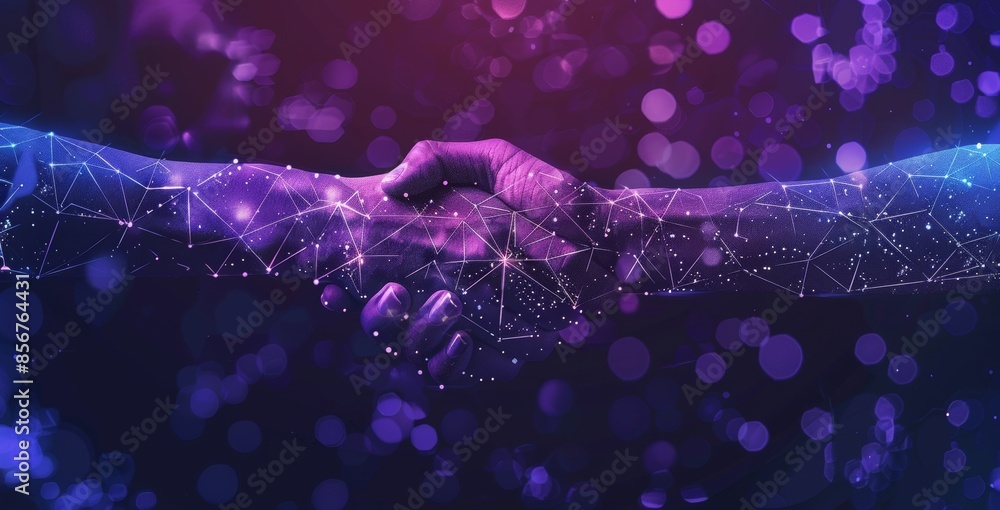 Poster handshake with robotic ai hand hologram for future business and technology innovation.