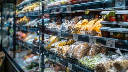 Interior view of the refrigerated section in a supermarket showcasing an assortment of chilled food items such as dairy meat produce