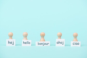European languages, word hello in different language spoken in Europe, concept of multilingual...