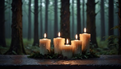 Five Candles Glowing in a Foggy Forest