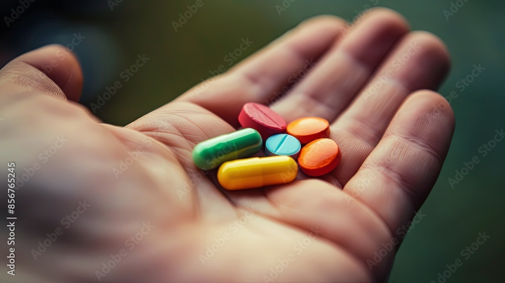 Leinwandbilder A close-up shot of an open palm holding various colorful pills, with a softly blurred background creating an intimate and caring atmosphere. Generative AI