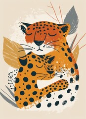 Obraz premium A digitally illustrated image depicting a mother leopard cuddling her cub in a forest setting. The image is full of colorful details and stylized elements