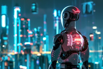 The humanoid robot stands in front of a night skyline illuminated by skyscrapers, representing future intelligent and powerful robots protecting humans.
