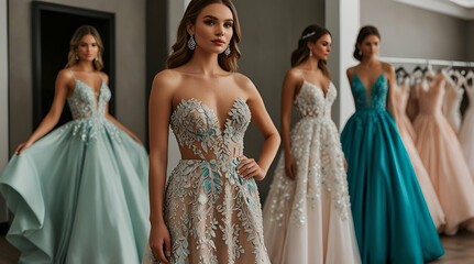 Naklejka premium A sophisticated dress rental boutique offering a curated selection of elegant formal attire, including colorful wedding dresses, evening gowns, and prom dresses. See Less, generative.ai 