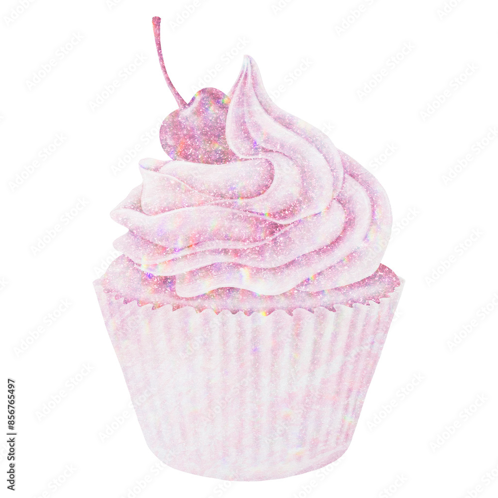 Poster Pink holographic cherry cupcake sticker with white border