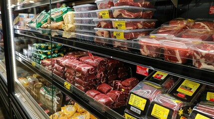 The refrigerator meat section in the supermarket aisle showcases a diverse selection of packaged fresh and frozen protein options including cuts of beef pork lamb and poultry