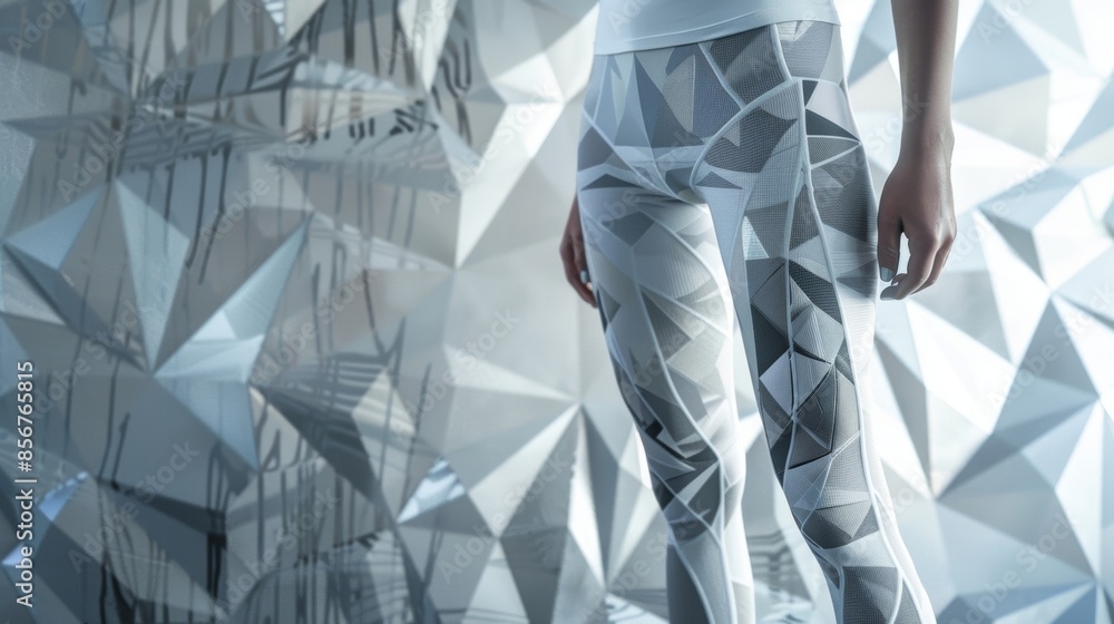 Poster a pair of geometric print leggings featuring an intricate pattern of polygons.