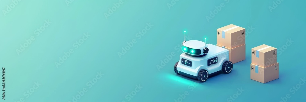 Poster robotic services for moving boxes from warehouse to machine. stock ai for logistical activities. mac