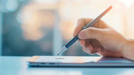 Close-up of a hand using a stylus to write on a tablet, with a soft, blurred background.
