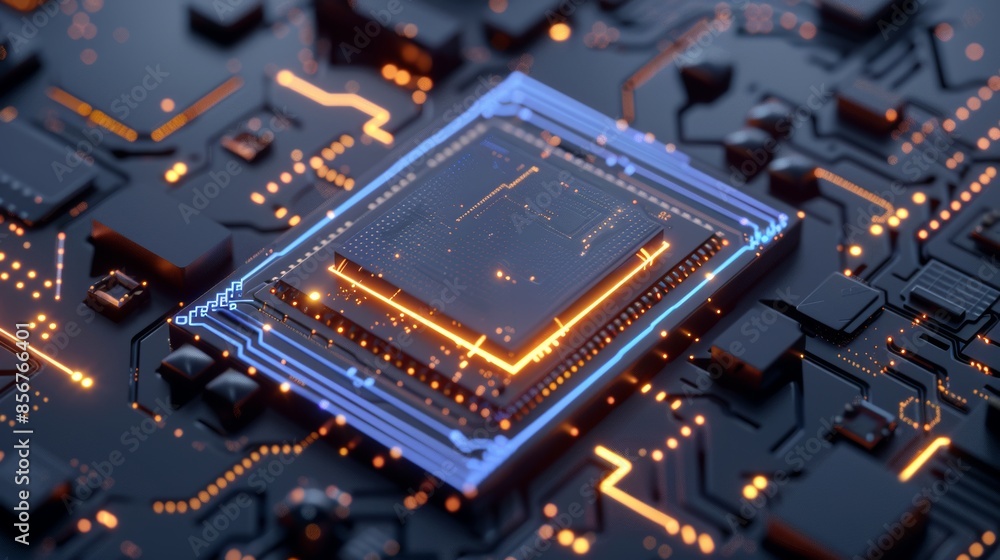 Poster an ai generated, technology and closeup of the motherboard chip of the future for engineering, cyber