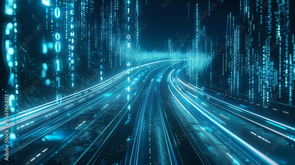 Poster binary data flowing on a digital road - concept of digital code road - 3d illustration