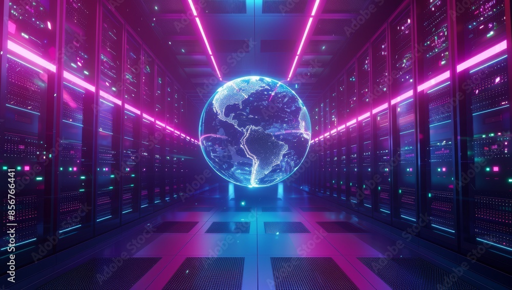 Poster digital world cyber space 3d rendering background, neon colorful global world in cyber space, electr