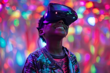 Children wearing VR goggles standing against a colorful background in a stock AI image