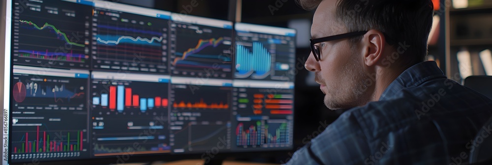 Poster business professional analyzing market trends on large monitor with graphs and data charts