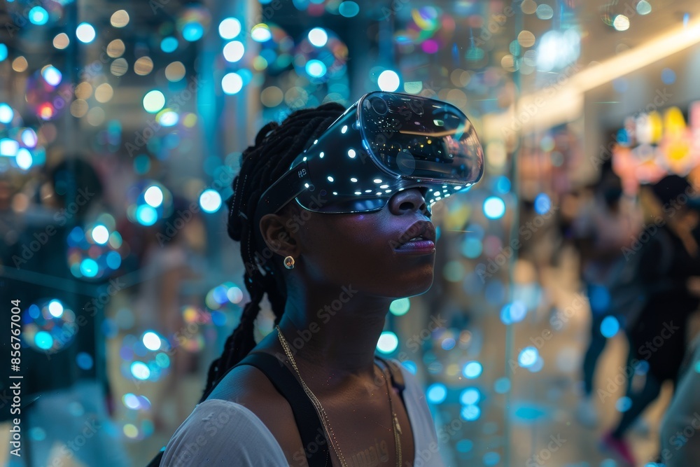Poster stock ai shopper exploring immersive e-commerce in a virtual reality store.
