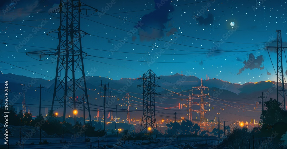 Poster installation of electrical pylons with smart grid technology