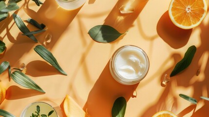 Top view presentation of natural cosmetics on orange background emphasizing beauty and skincare themes