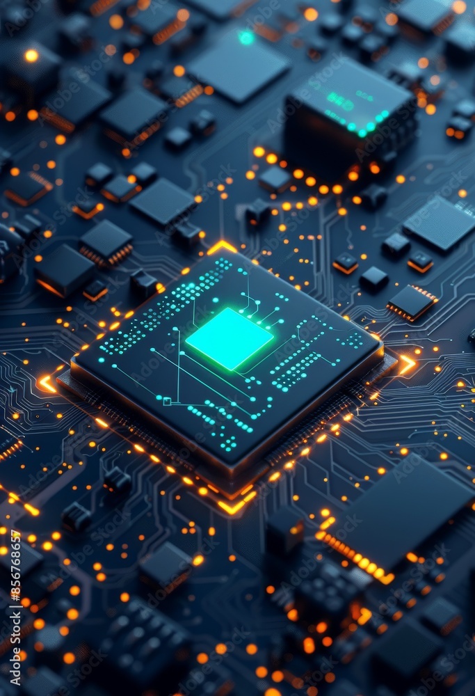 Poster illuminated microchip on a circuit board with glowing components and a futuristic design