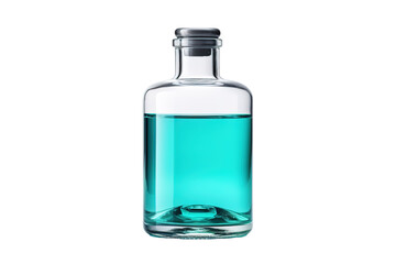 A Glass Bottle Filled With Aqua Liquid Against A White Background on a Clear PNG or White Background.