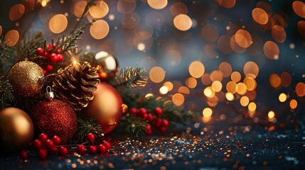 Festive Christmas ornaments with pine cones and berries, adorned with twinkling lights against a dark background.