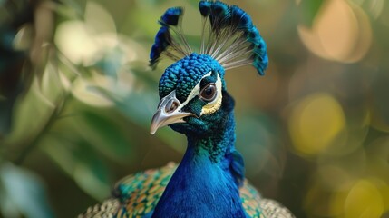 Obraz premium A beautiful peacock with its head held high and its feathers spread out