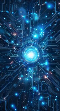 Futuristic blue glowing circuit board pattern with central glowing element, representing advanced technology and innovation