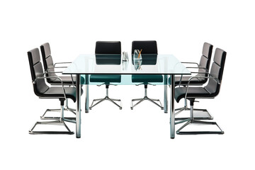 Obraz premium A Modern Glass Conference Table With Black Leather Chairs Set for a Meeting on a Clear PNG or White Background.